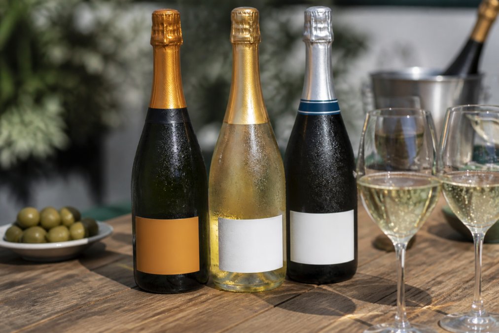 Three sparkling wine bottles from Portugal and Italy arranged on a wooden table with wine glasses, showing condensation and labels clearly visible, natural afternoon light