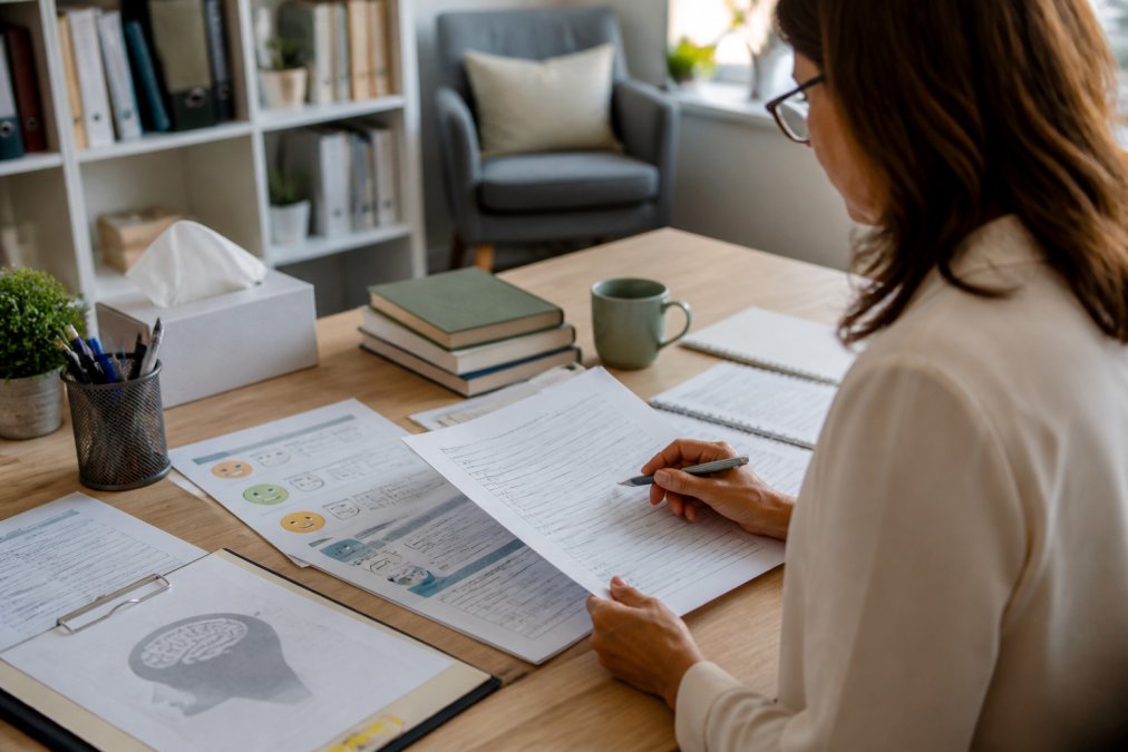 Mental health professional working at desk with therapy worksheets and clinical resources spread out, reviewing evidence-based materials on a computer screen, natural office lighting