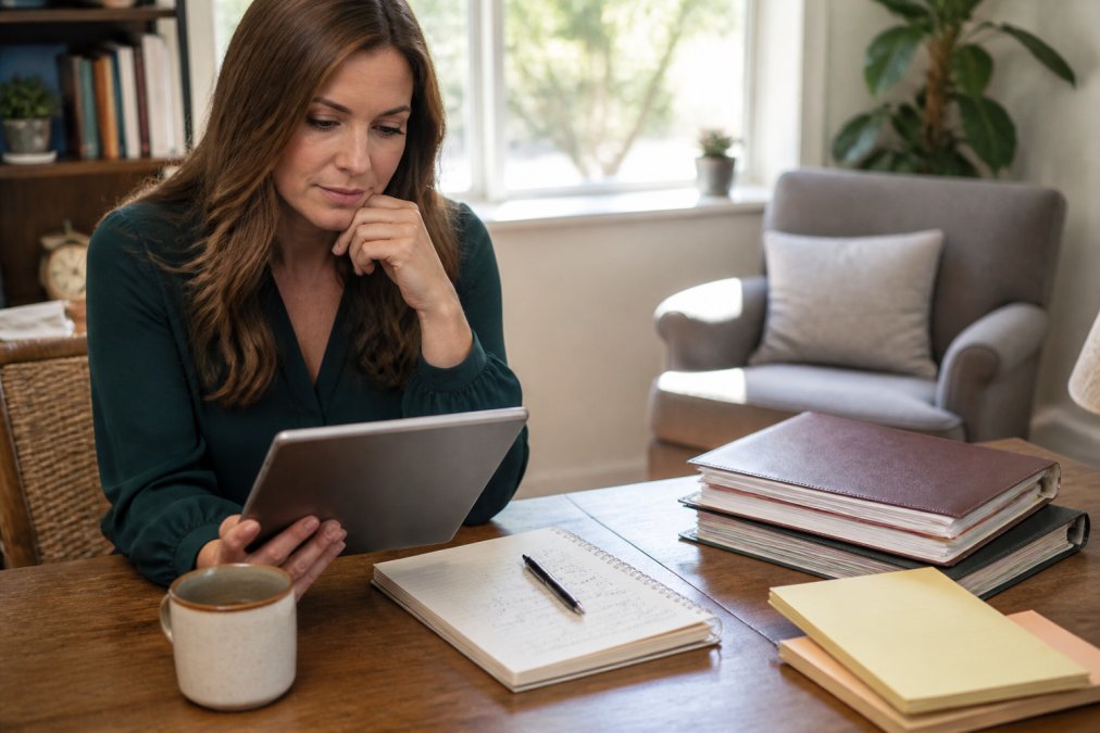 Therapist in a private practice office reviewing digital tools and clinical documentation on a tablet, with notes and planning materials visible, afternoon natural light