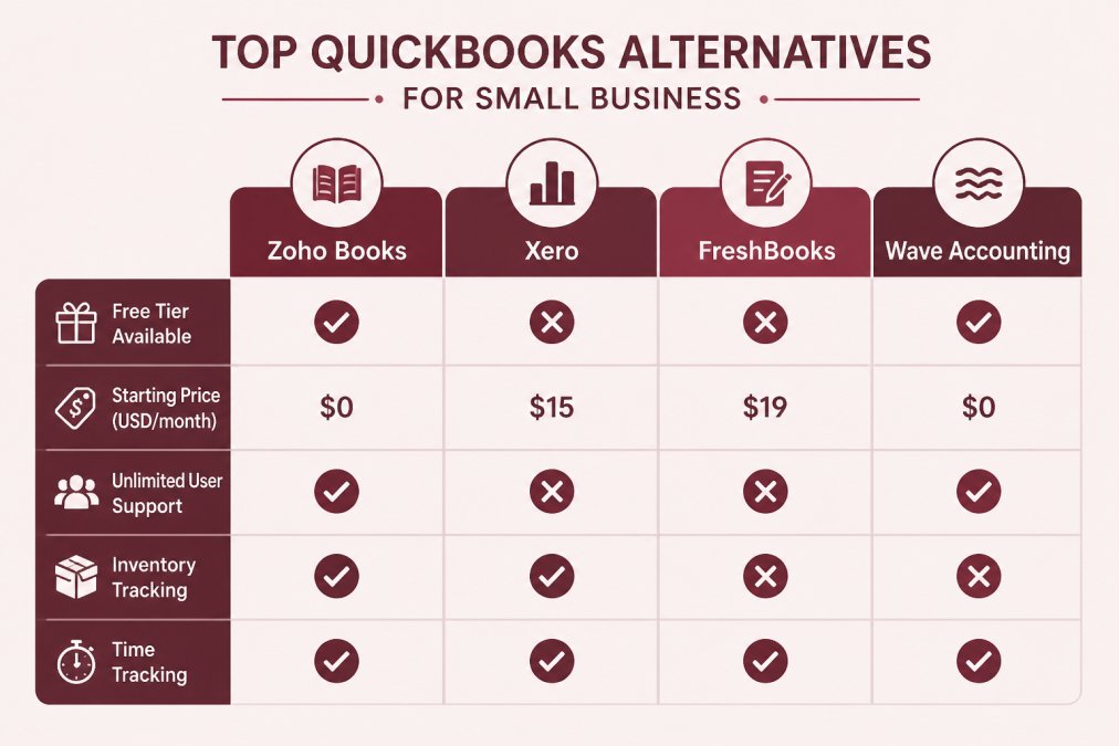 Comparison matrix of Zoho Books, Xero, FreshBooks, and Wave Accounting showing free tier availability, starting price, unlimited user support, inventory tracking, and time tracking features
