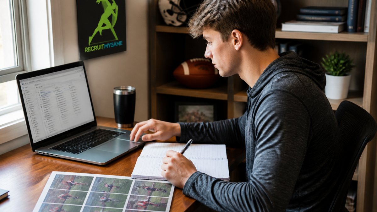 High school student-athlete sitting at desk with laptop, reviewing recruiting emails and coach messages, notebook and film footage visible on screen, natural office lighting