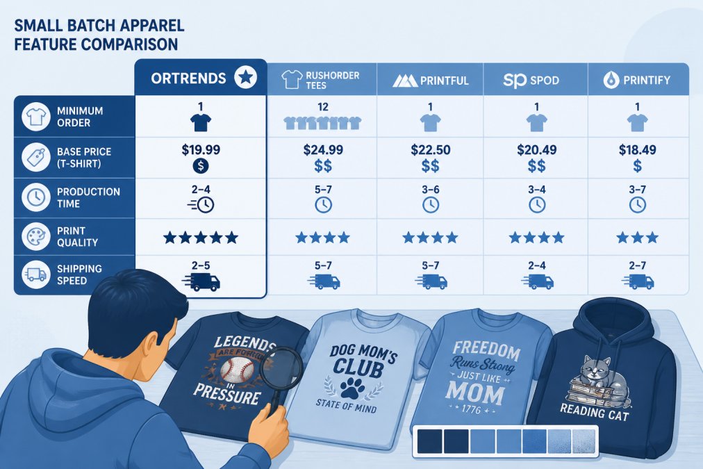 Person examining custom printed apparel samples on a table, comparing different shirt colors and print qualities up close with natural lighting