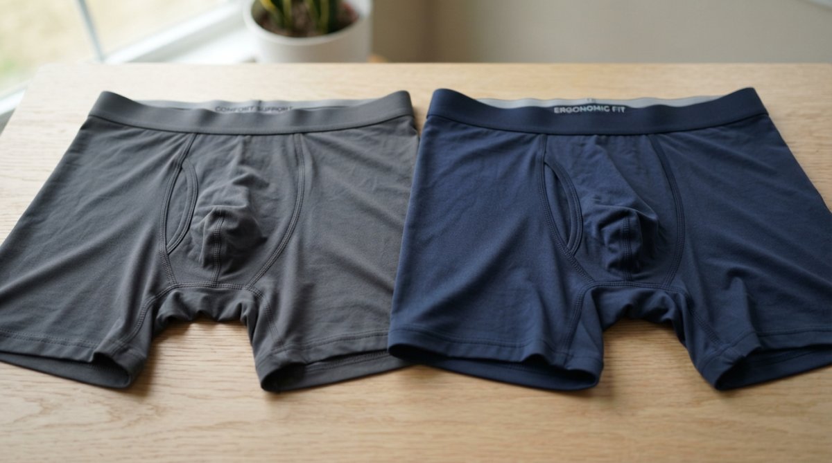 Man wearing microfiber boxer briefs with pouch support as comfortable alternatives to Saxx underwear.