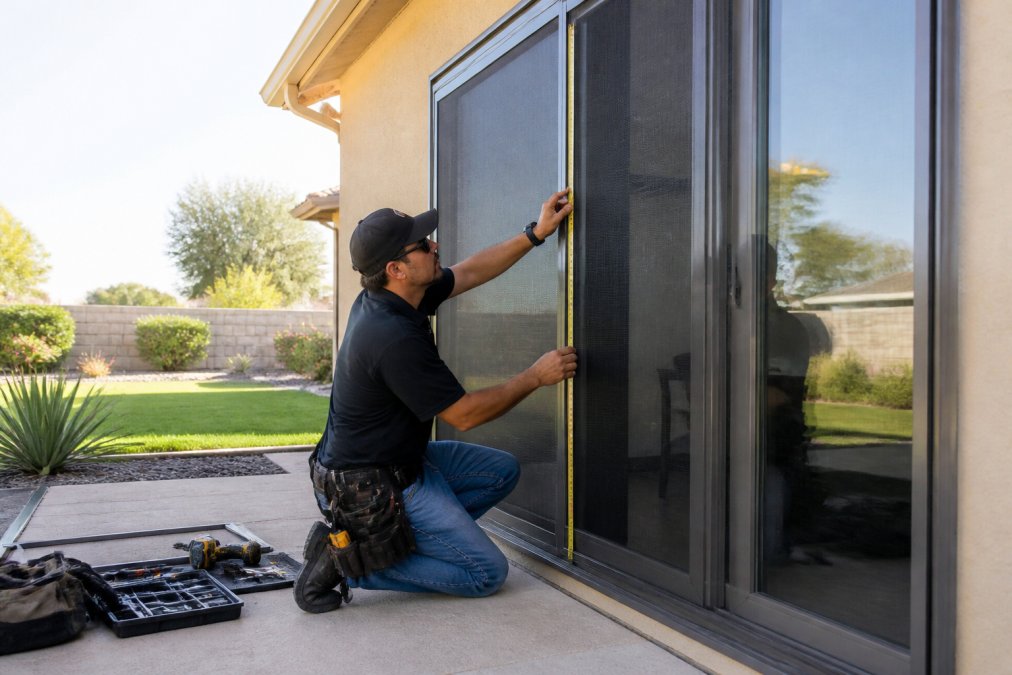 Professional technician measuring and installing a custom window screen on a residential home's large sliding glass door, with precision measurement tools and the screen frame in place against the home's exterior