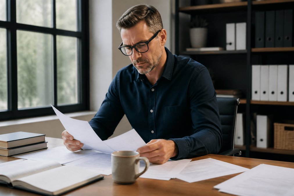 Business professional at desk reviewing manuscript pages with coffee, looking focused and determined in modern office setting with natural light