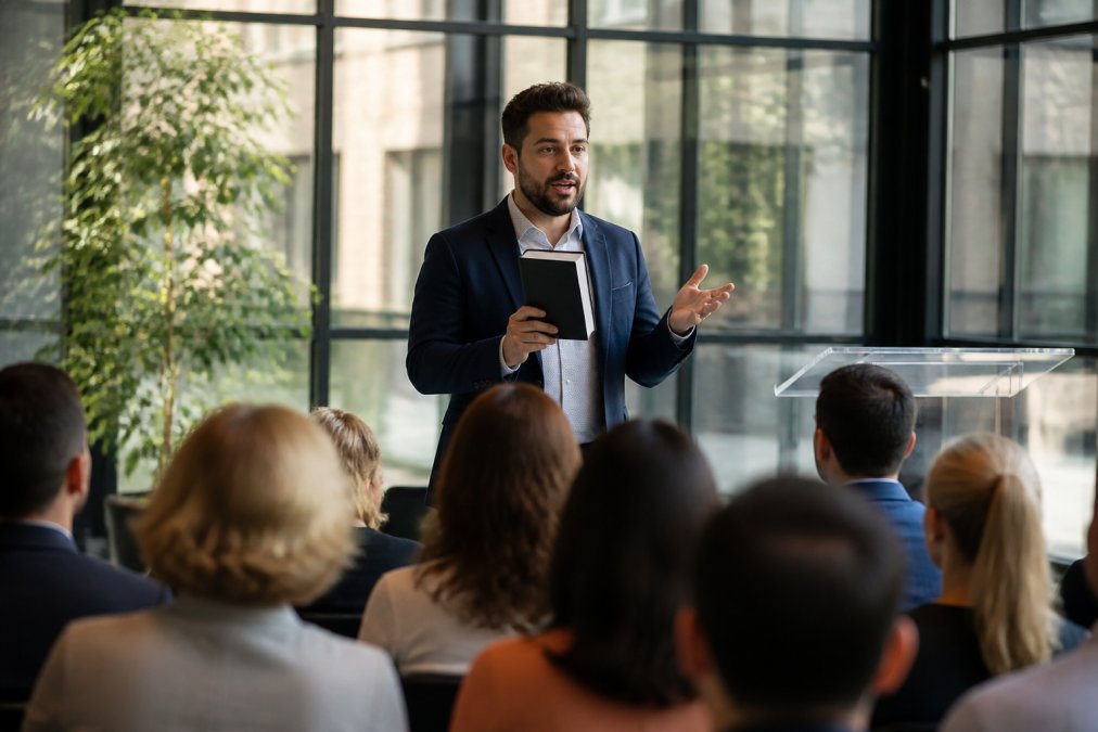 Entrepreneur presenting published book to engaged audience in professional conference setting with natural lighting and modern venue