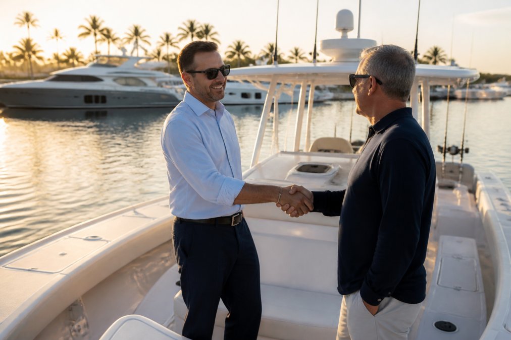 A professional yacht broker shaking hands with a client on the deck of a luxury center console boat in a marina at sunset, with other yachts visible in the background