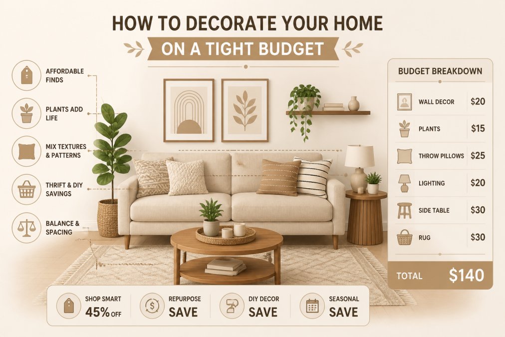 Bright, airy living room with carefully curated affordable decor including a neutral linen sofa, wooden side table, potted plants, and mixed-pattern throw pillows arranged with intentional spacing and visual balance