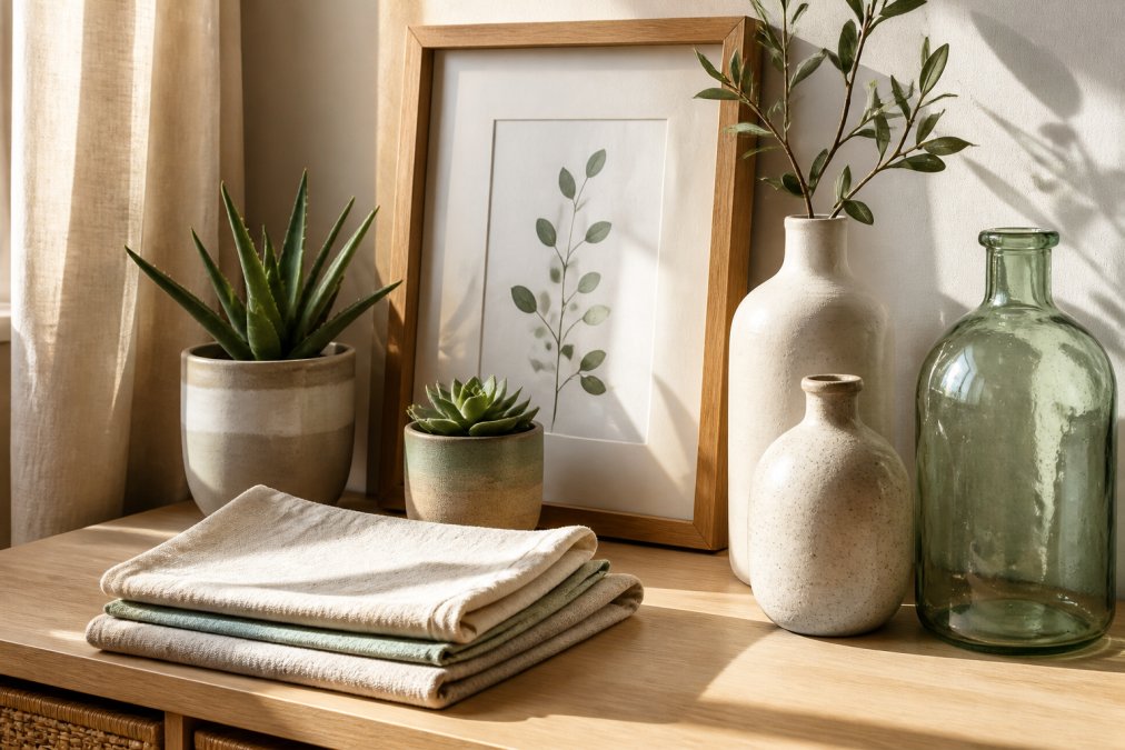 Carefully arranged sustainable home decor items including wooden frames, linen textiles in natural tones, potted succulents, ceramic vases, and recycled glass accents on a light wooden surface with natural sunlight
