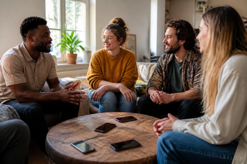 A small group of diverse adults sitting in a cozy living room, engaged in genuine conversation, with phones placed face-down on a coffee table nearby, warm afternoon light through the windows