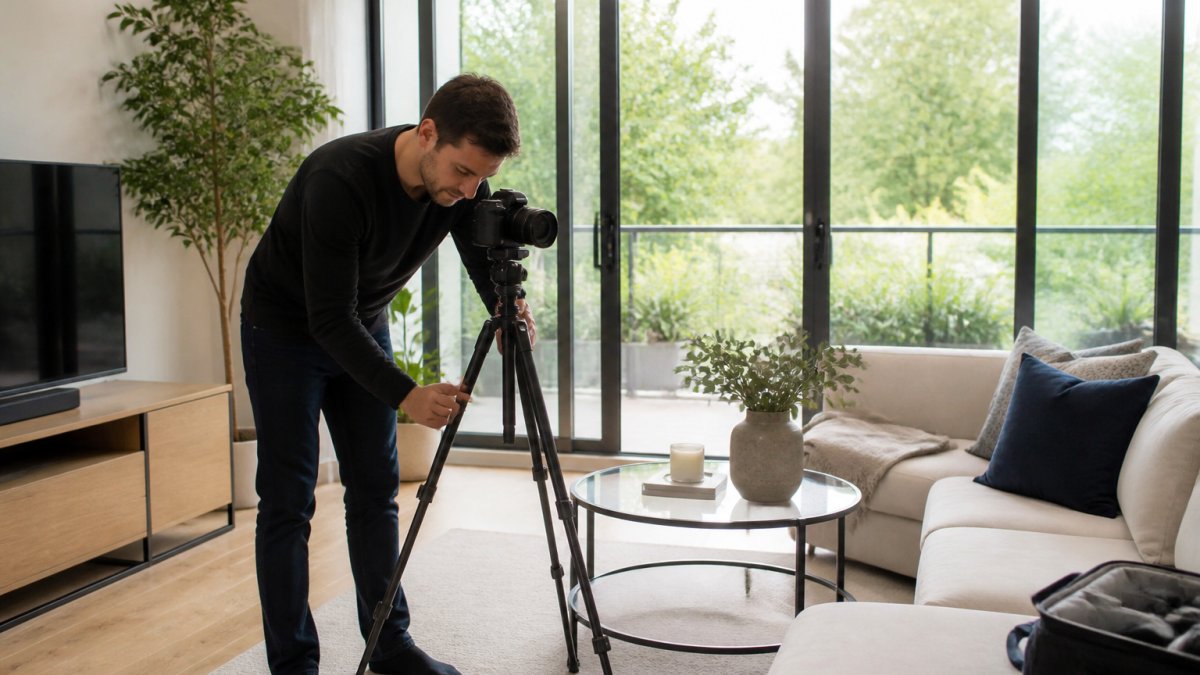 A photographer adjusting a tripod in a bright, modern living room with large windows, natural daylight filling the space, showing a professional property photography setup