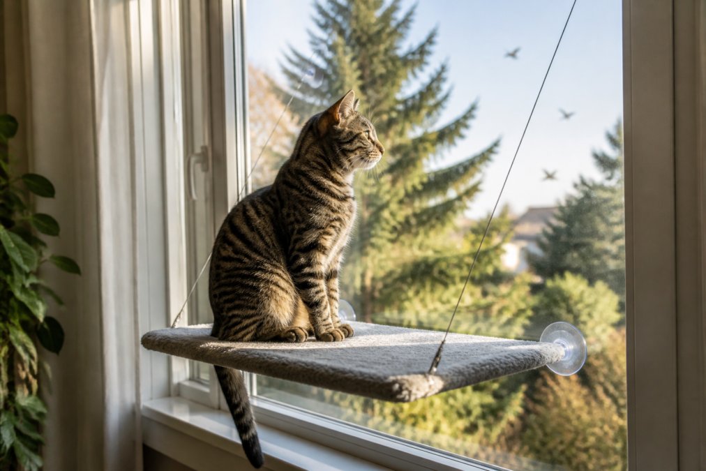 A tabby cat sitting on a window perch mounted with suction cups, looking out at birds and trees outside, with natural daylight streaming through the window