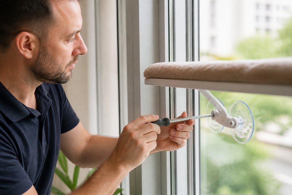 Close-up of a hand checking and securing the mounting hardware on a window perch, demonstrating proper installation and maintenance technique with natural light