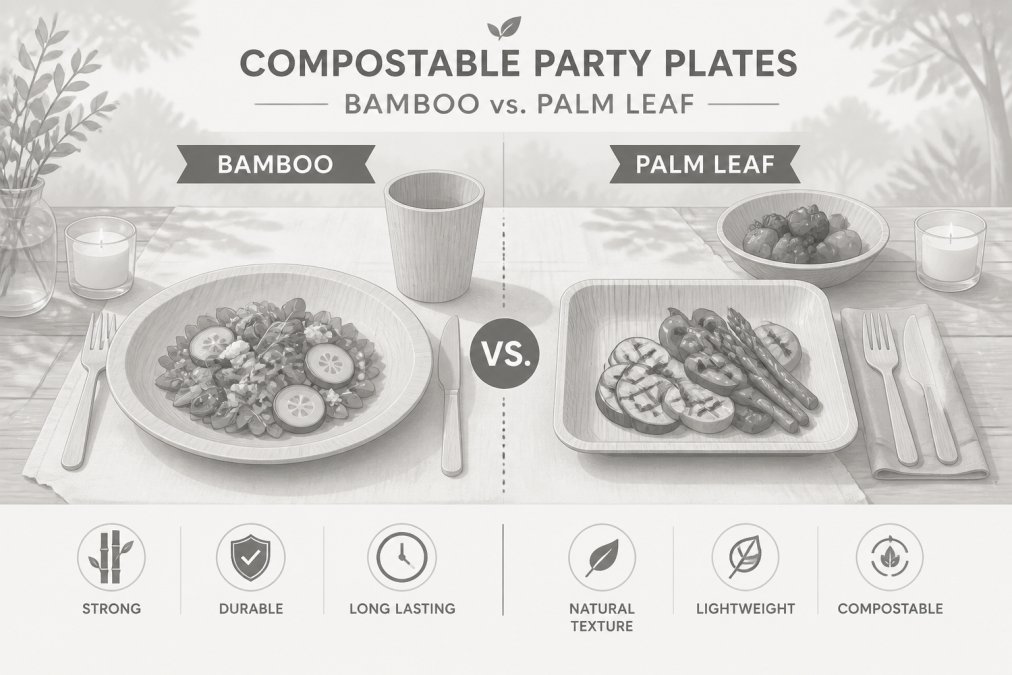 Elegantly set outdoor table with bamboo and palm leaf dinnerware displaying rustic natural textures, fresh salads and grilled vegetables, natural afternoon sunlight filtering through trees