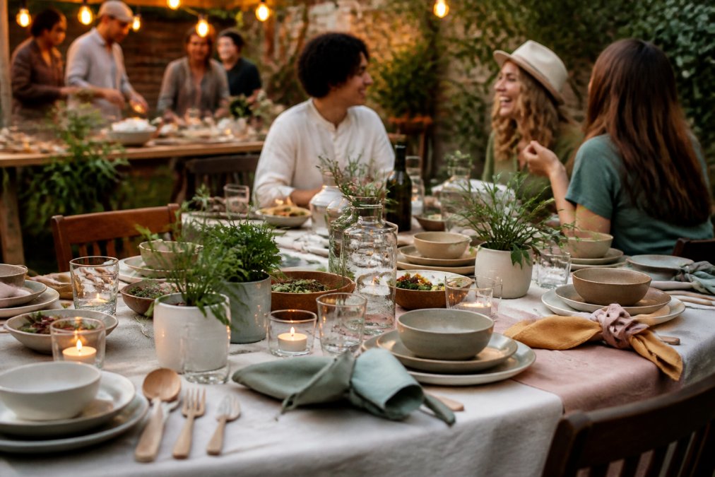 Festive outdoor party setup with reusable ceramic dinnerware, cloth napkins in soft colors, wooden cutlery, and potted plants as centerpieces, guests gathered around decorated tables in natural evening light