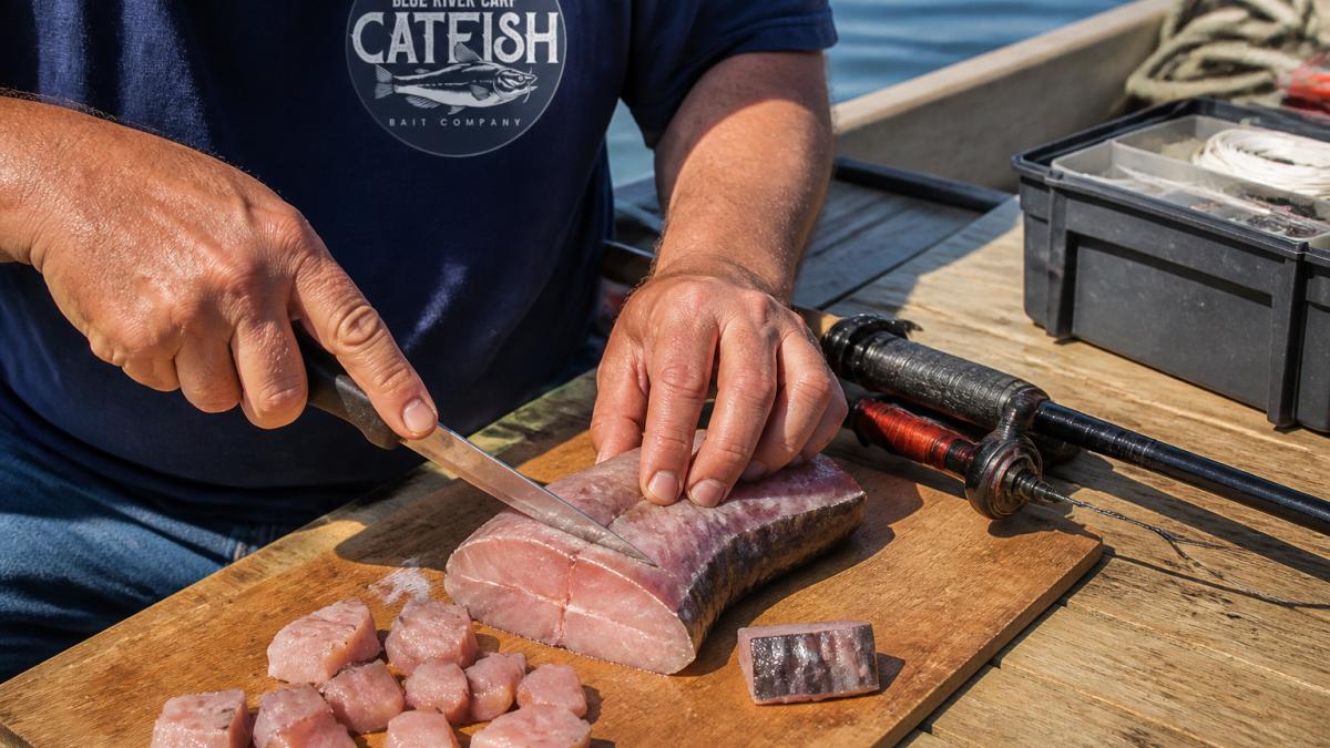 Angler cutting fresh fish into chunks for bait on a wooden boat deck with fishing gear nearby