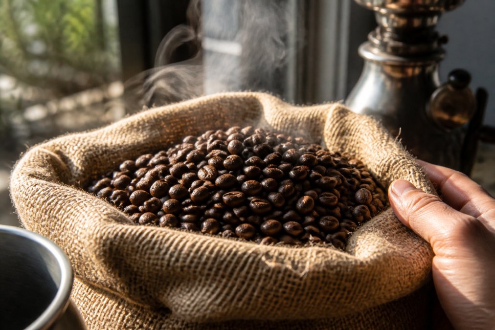 Freshly roasted whole coffee beans in a burlap sack with roast date label visible, steam rising from the beans in natural light
