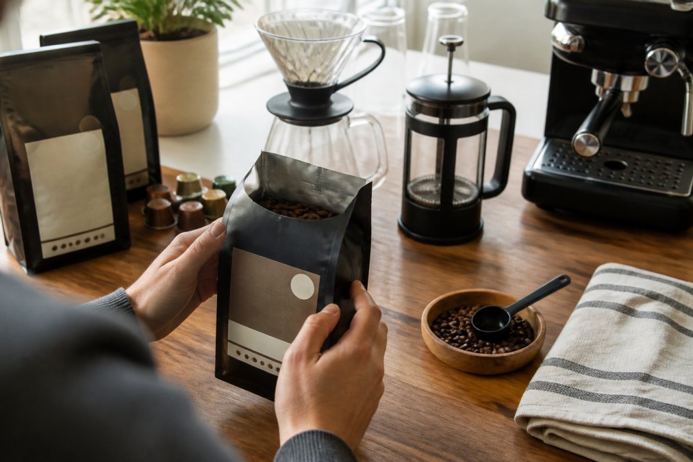 Hands holding an open coffee bag displaying tasting notes and roast profile information, with a pour-over cone, French press, and espresso machine visible on a wooden counter in natural morning light