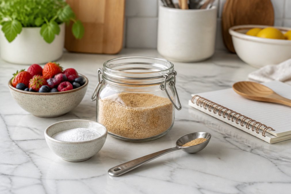 Monk fruit and stevia sweeteners with fresh berries used as the best alternatives to sugar for inflammation.