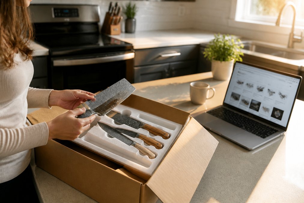 A person unboxing a package containing a marble-coated knife set on a kitchen counter, with a laptop showing an online store open nearby, warm afternoon light