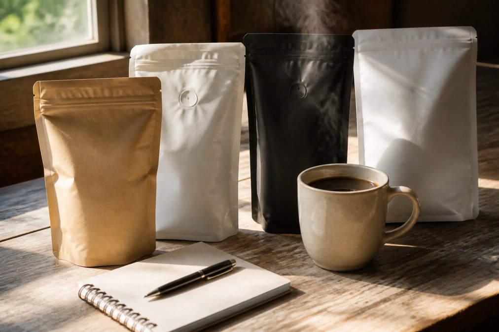 A flat lay of several unlabeled coffee bags and a steaming ceramic mug on a rustic wooden table, with a notebook and pen resting nearby under soft morning window light