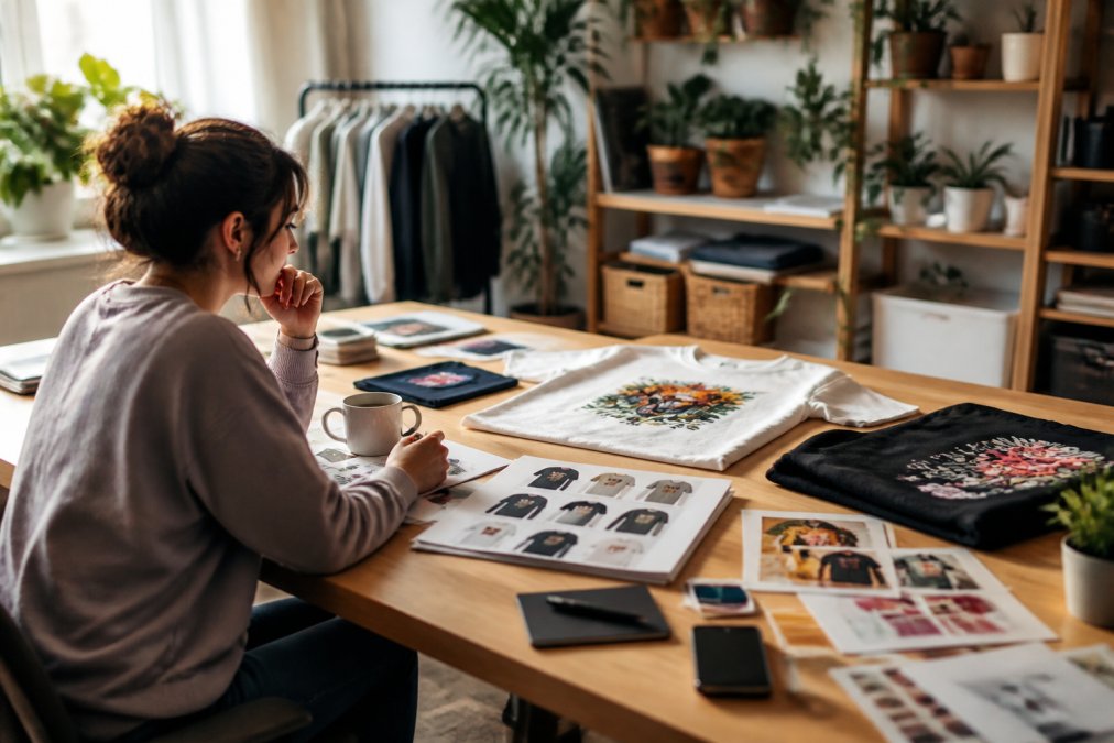 Creator working at desk reviewing design mockups on laptop screen with product samples and design inspiration materials scattered across workspace, natural daylight from window