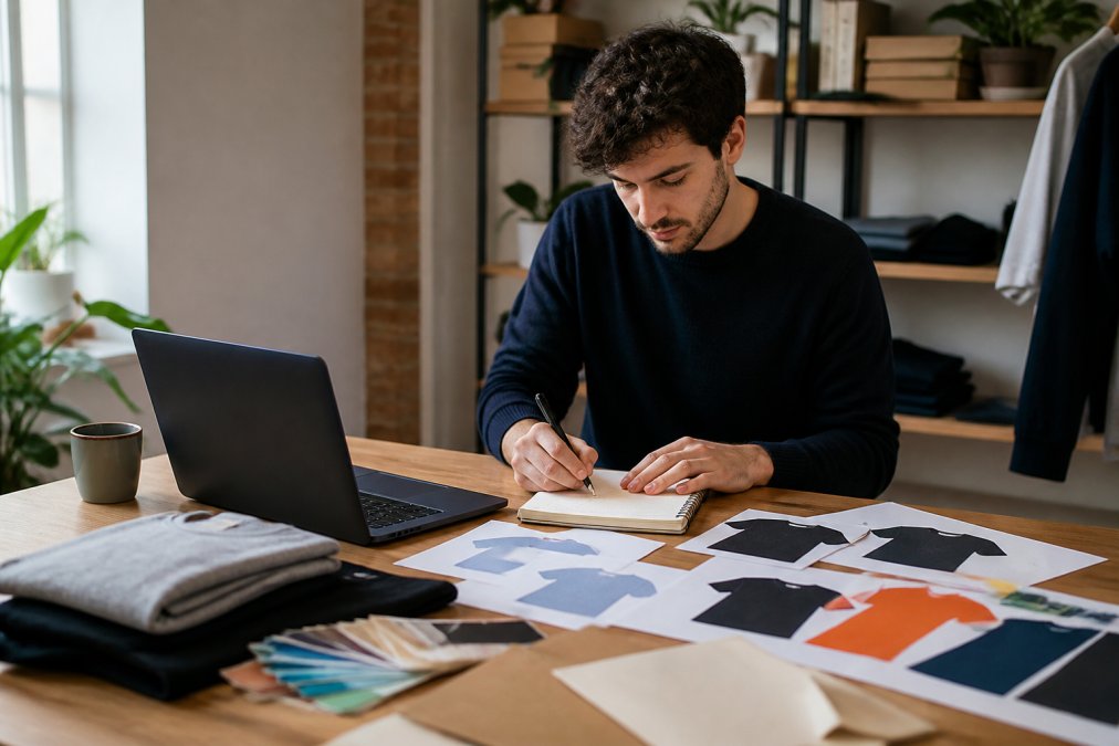 Entrepreneur at desk with laptop, notebook, and design samples spread across workspace, planning product strategy with focused expression and natural lighting