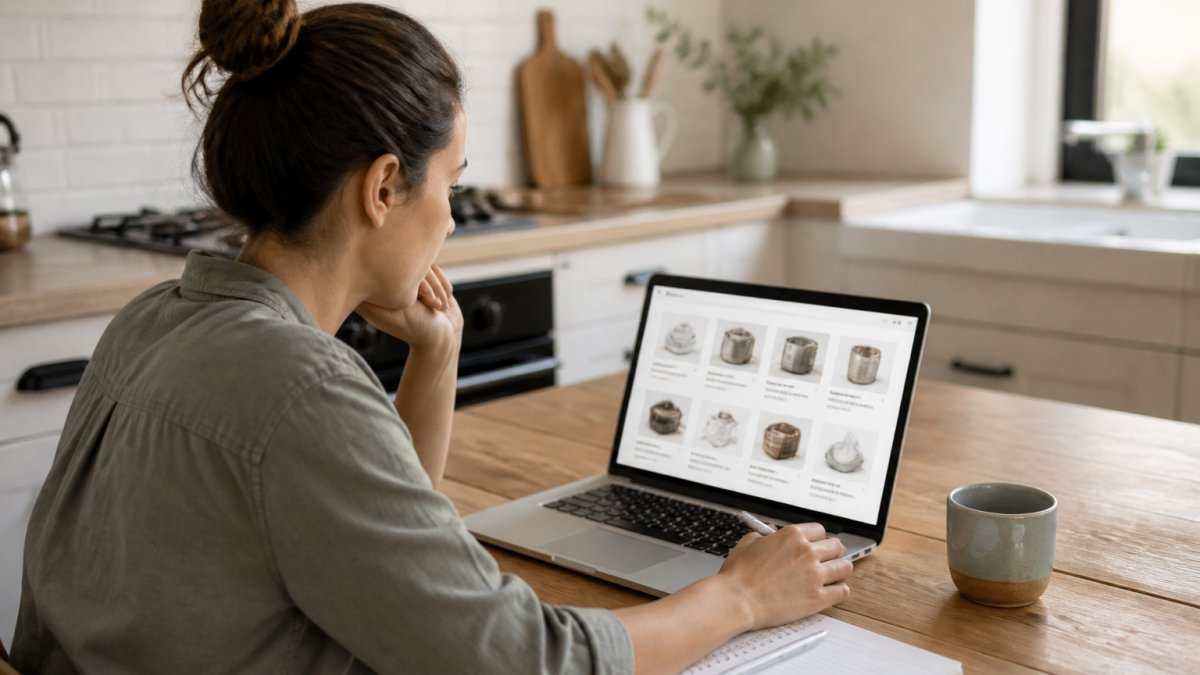 A person sitting at a kitchen table with a laptop open, comparing product pages on a marketplace website, with a notebook and pen nearby for jotting down notes