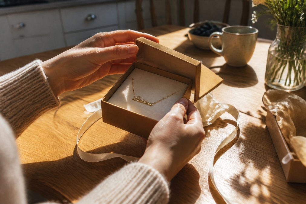 A person's hands unwrapping a small kraft gift box to reveal a personalized name necklace, warm afternoon sunlight falling across a wooden kitchen table