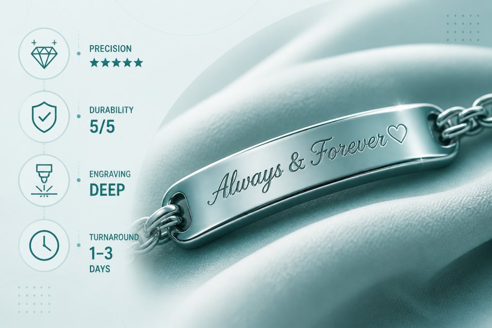 Close-up of a personalized engraved bracelet resting on soft fabric, showing intricate custom inscription detail and high-quality metal finish catching natural light