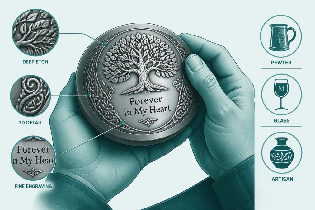 Artisan hands carefully holding a deeply etched engraved pewter keepsake, showing the three-dimensional quality and fine detail of the custom craftsmanship under soft studio lighting