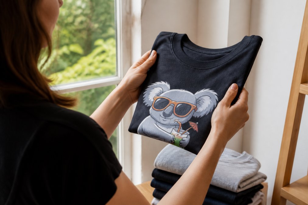 Person holding a folded funny graphic t-shirt, examining the fabric texture and print detail closely in bright natural light near a window