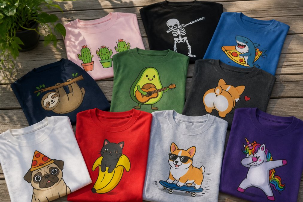 Laid-out collection of colourful funny novelty t-shirts with different humorous designs displayed on a clean, neutral surface in natural daylight