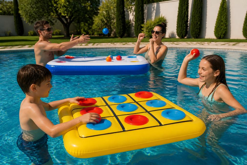 Family of four playing with floating game tables and inflatable tic-tac-toe set in a sunny backyard pool, children and adults laughing while tossing colored balls