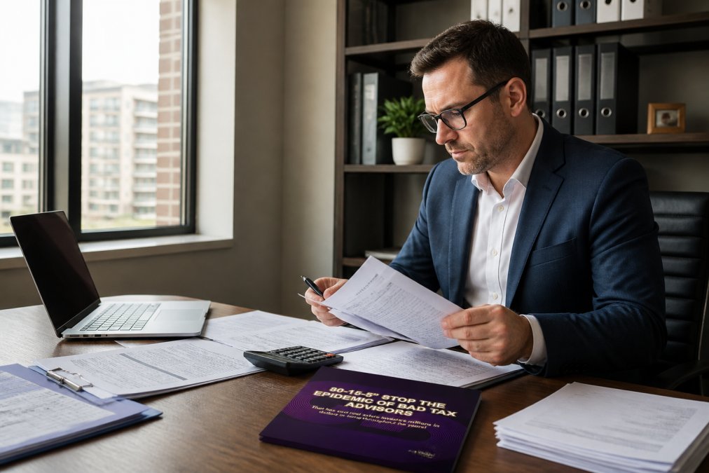 Professional real estate investor reviewing property documents, tax forms, and depreciation schedules at a modern desk with laptop and calculator, natural office lighting