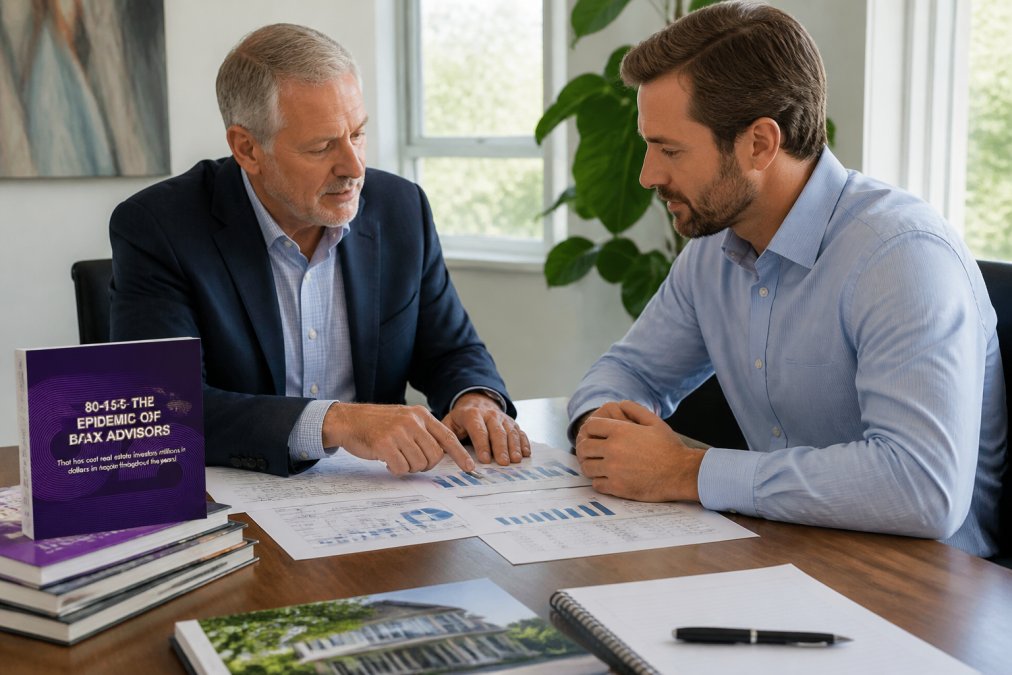 Professional meeting between real estate investor and tax advisor discussing portfolio strategy, reviewing property documents and financial reports over a modern office desk with natural lighting