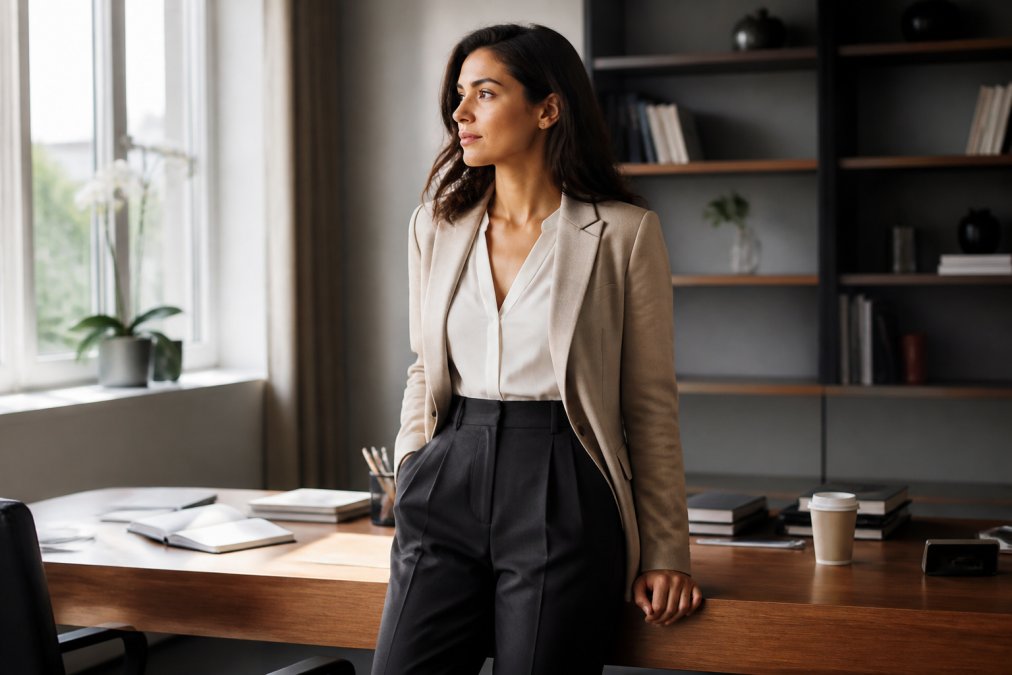 Professional woman wearing a structured blazer in neutral tone paired with high-waisted tailored trousers, standing confidently at her desk in a modern office with natural light