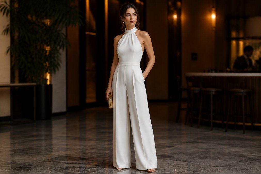 Woman in an elegant white wide-leg jumpsuit with halter neckline at an upscale venue, standing with confident posture, showcasing the dramatic silhouette and fluid drape