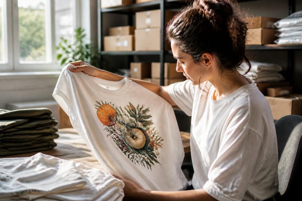 Close-up of someone examining a custom-printed t-shirt with a detailed design, checking color quality and print finish under natural lighting