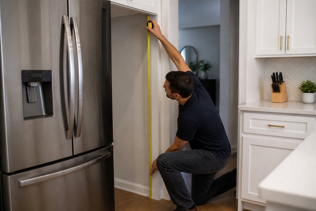Homeowner measuring refrigerator space in kitchen with tape measure, checking dimensions and height clearance before ordering appliances online