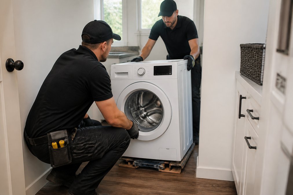 Delivery team carefully positioning a new washing machine into laundry room, showing professional installation in progress with proper equipment and technique