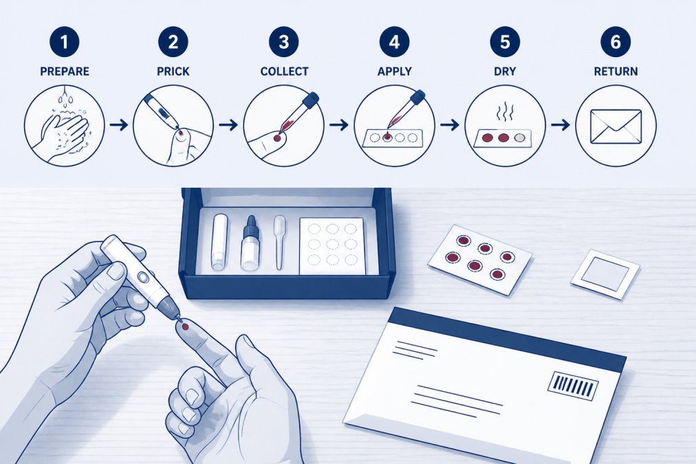 Person collecting a fingerprick blood sample at home using a diagnostic kit, with clear lighting showing the sample collection process and prepaid return envelope on a wooden desk
