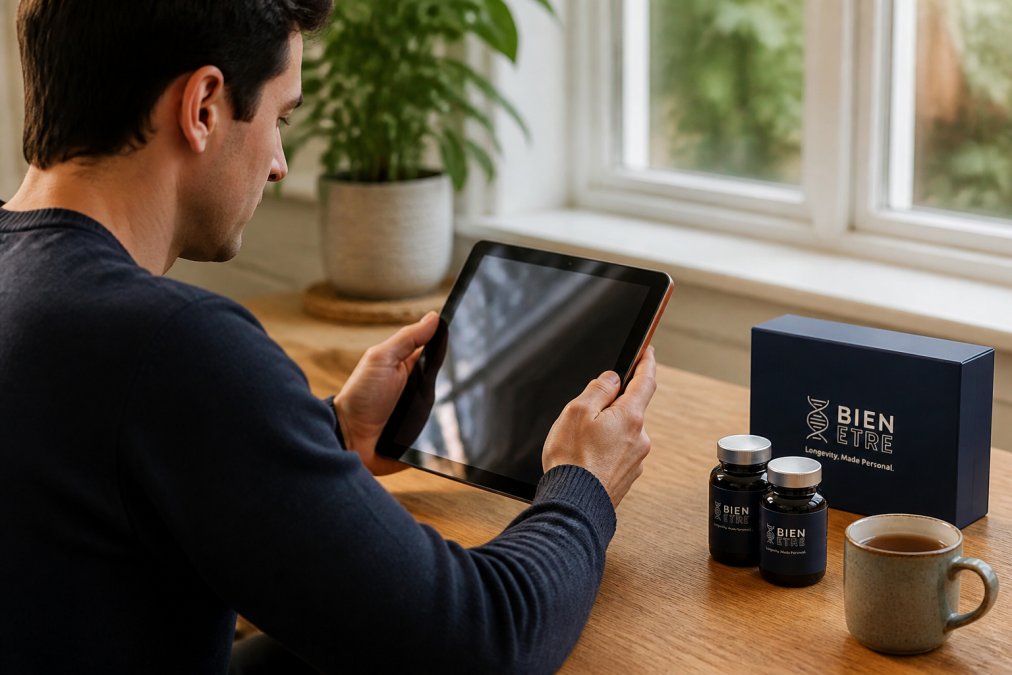Adult reviewing a personalised health report on a tablet at home, with supplement bottles and a cup of tea visible on a wooden table nearby, natural window lighting