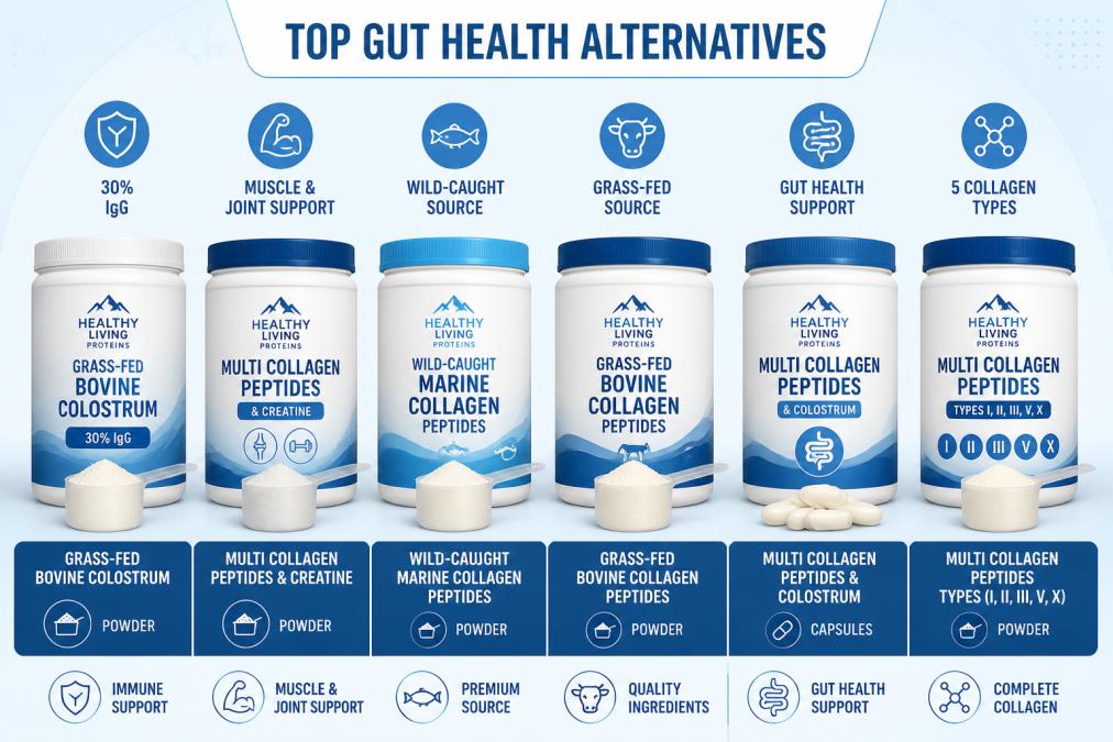 Close-up of various supplement bottles and capsules arranged on a clean white surface, showing different formats including powders, capsules, and synbiotic formulas with natural lighting
