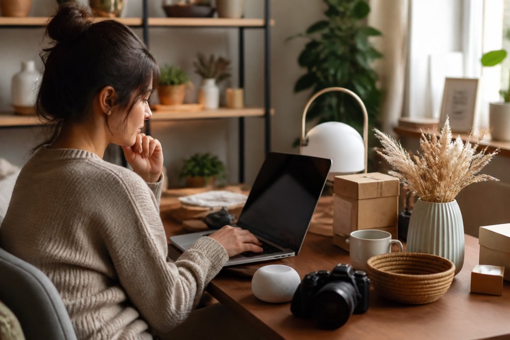 Person browsing curated products on a laptop at home, surrounded by trending lifestyle items like home decor and gadgets on a desk, natural afternoon light streaming through the window