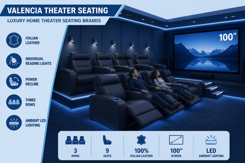 Sophisticated home theater room with three rows of Italian leather recliners in deep charcoal, individual reading lights above each seat, ambient LED lighting along baseboards, and a 100-inch screen visible in the background with two people seated in reclined position