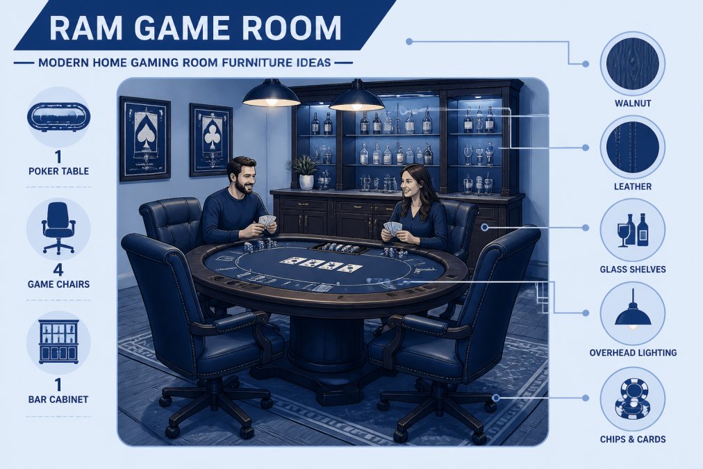 Well-appointed game room with a professional-grade poker table in rich walnut finish, four matching leather game chairs in deep brown, vintage bar cabinet with glass shelving and brass hardware in background, warm overhead lighting, and two people mid-game with cards and chips on the table