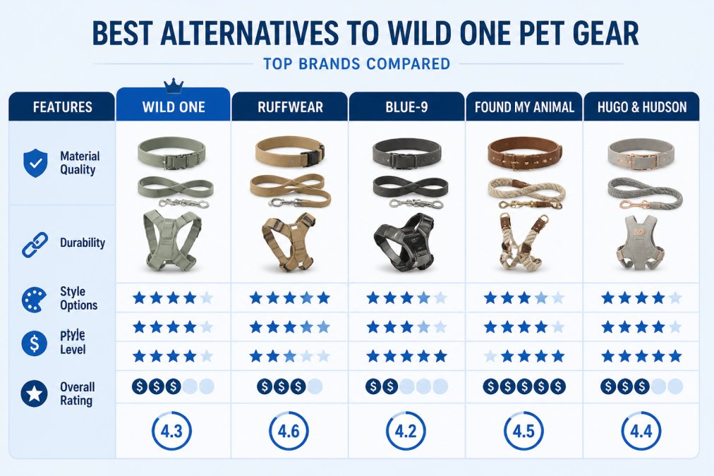 Collection of dog collars, leashes, and harnesses in neutral earth tones and monochromatic colors arranged on clean white surface, showing varied textures, hardware styles, and materials