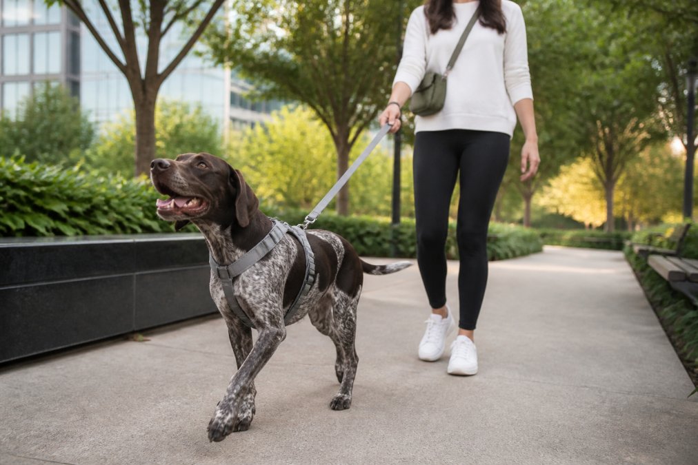 Dog wearing properly fitted minimalist harness in neutral gray tones during calm walk through modern urban park setting, owner visible holding leash