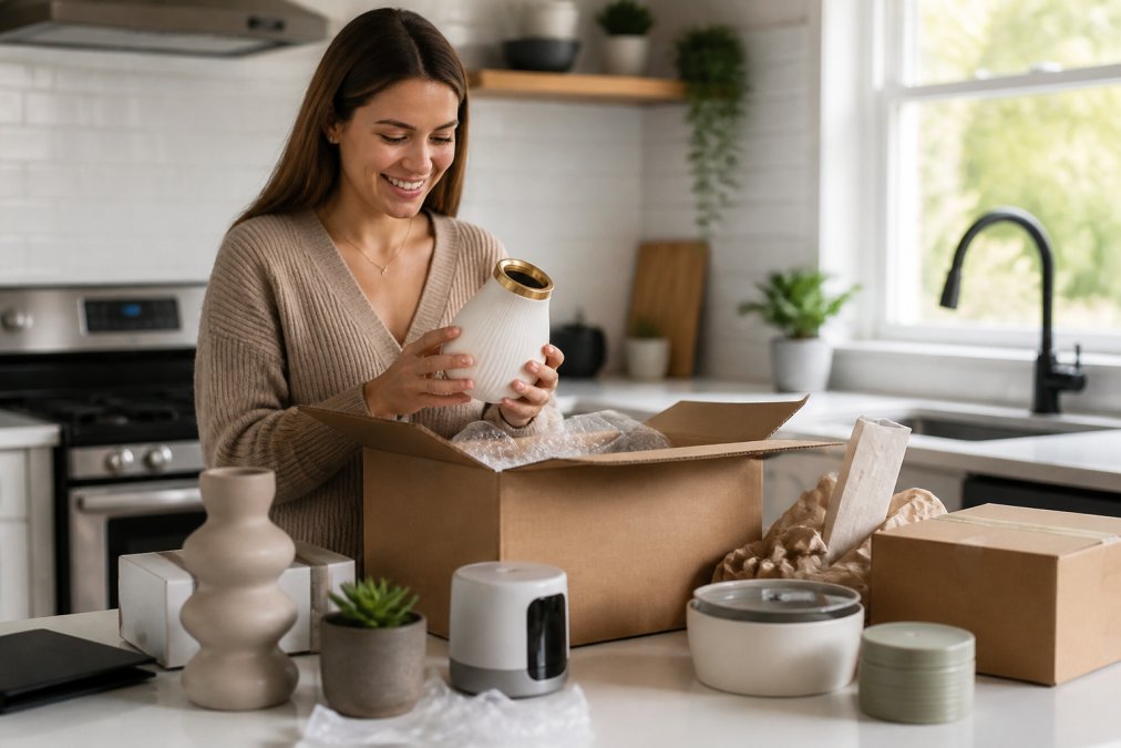 Young woman unpacking trending home gadgets and decor items on her kitchen counter, examining product quality and packaging with satisfaction in natural morning light